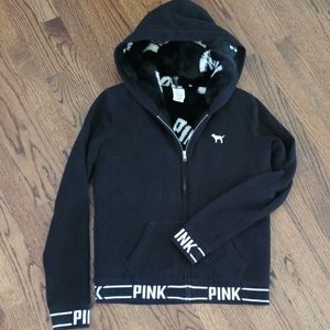 Pink Hooded Zip Faux Fur Lined Logo Sweatshirt.